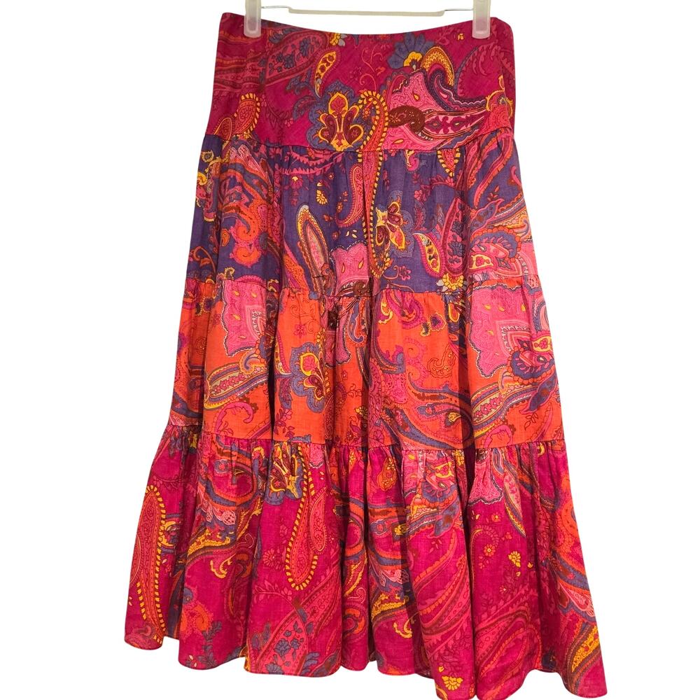 Lauren Ralph Lauren 100% Linen Pink Paisley Tiered Ruffle Midi Skirt - Small